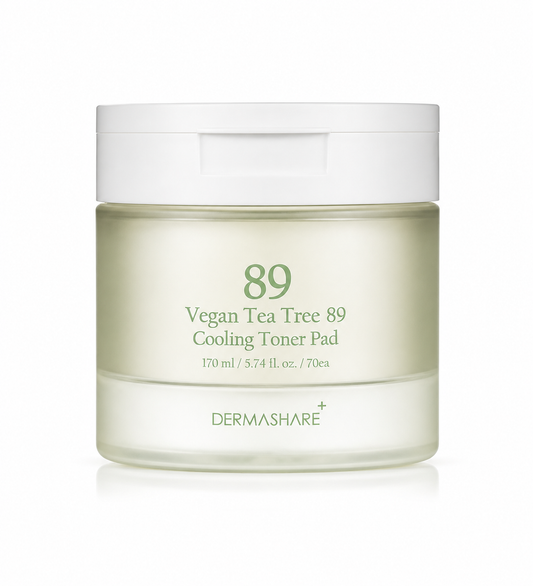 DERMASHARE+ Vegan Tea Tree 89 Cooling Toner Pads (180ml / 70 Sheets) – Oil Control, Acne Soothing & Hydrating Skin Prep